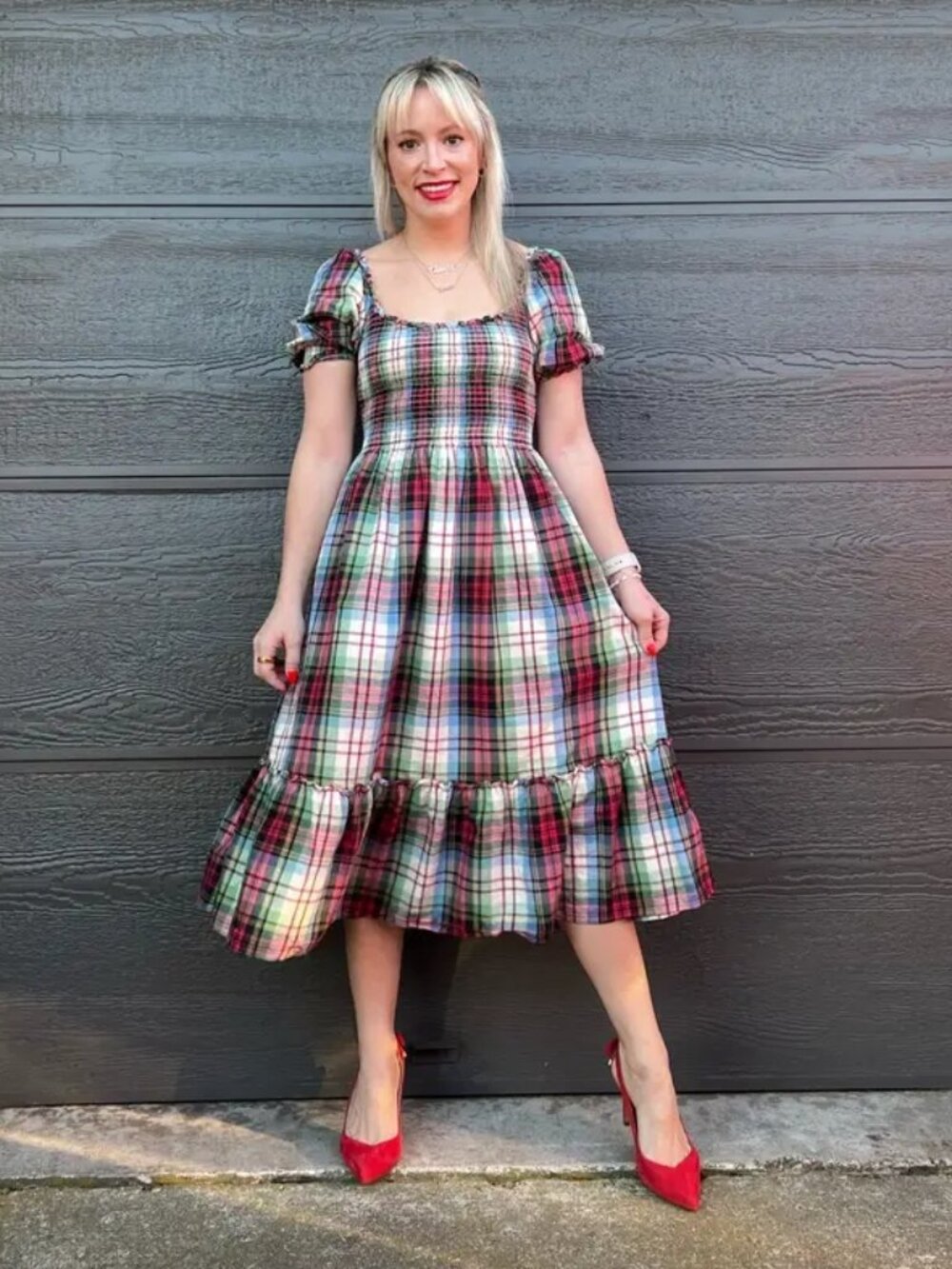 Hill House Home The Louisa Nap Dress in Ivory Red Tartan Plaid Midi Smocked top